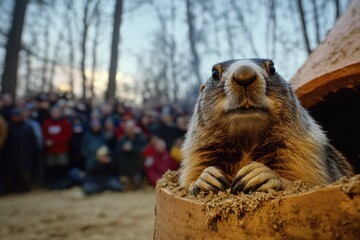 Wall Mural - A groundhog looking out from a hole in a tree stump