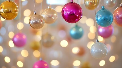 Aufkleber - Colorful Christmas Ornaments Hanging with Sparkling Lights in Background : Generative AI