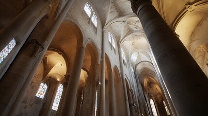 Wall Mural - Gorgeous interior of a historical church showcasing tall columns and beautiful arches with warm lighting : Generative AI