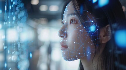 Fototapete - A woman engages with cutting edge digital interfaces, showcasing glowing data streams and facial recognition symbols in a modern, tech driven environment.