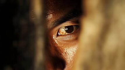 Aufkleber - Intimate closeup portrait of a man revealing a single expressive eye through a narrow gap : Generative AI