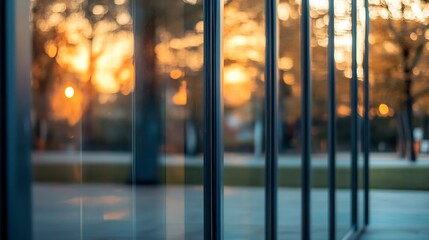 Fototapete - Modern Glass Architecture Reflecting a Beautiful Sunset in an Urban Environment : Generative AI
