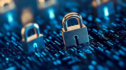 Fototapete - Close up of digital locks on a circuit board background representing data security and protection : Generative AI