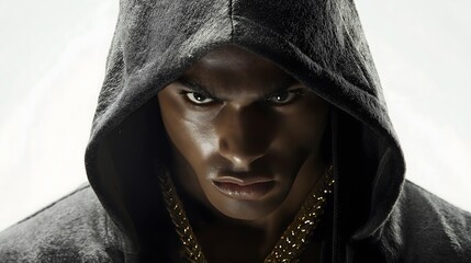 Mysterious dark hooded figure with intense gaze and gold chain isolated on white background, dramatic portrait photography, urban street style character