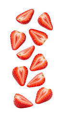 Wall Mural - strawberry pieces falling down PNG. Fresh strawberry slices falling mid-air with vibrant red color isolated. strawberry png. strawberries png. Sliced strawberries floating and falling naturally png