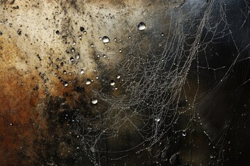 Dew-covered spiderweb on a dark, textured surface, intricate details.