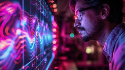 Poster - A focused digital artist studies vibrant graphical visualizations on a large screen, surrounded by colorful lights in a creative workspace during evening hours.