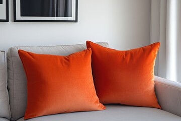 Sticker - Two vibrant orange pillows sit atop a clean white couch, perfect for adding a pop of color to any room