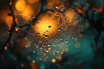 Dew-kissed spiderweb glistening in the warm, golden light of sunrise, a magical autumn scene.