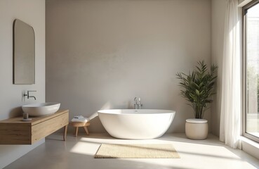 Bathroom interior design with white, bleached tones features freestanding bathtub, wooden washbasin. Minimal decor elements. Modern elegant bathroom interior represents new lifestyle, real estate