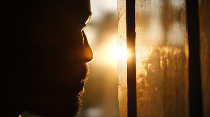 Poster - Contemplative man silhouetted against the sun reflecting through a sheer curtain : Generative AI