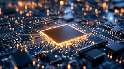 Fototapete - CloseUp View of a HighTech Microprocessor on a Circuit Board with Glowing Connectors : Generative AI