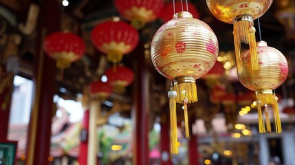 Poster - Vibrant traditional lanterns glowing in the night create a festive atmosphere in an Asian cultural setting : Generative AI