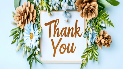 Thank You card on a blue background with flowers, pinecones, and ferns for gratitude