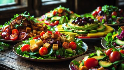 Poster - Colorful salad spread featuring fresh ingredients and vibrant garnishes on rustic wooden table