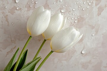 Poster - A trio of fresh white tulips glisten with tiny water droplets, a symbol of purity and simplicity