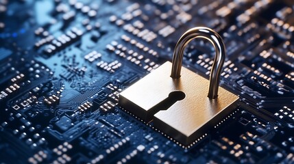 Leinwandbilder - Stunning close up view of a golden padlock resting on a circuit board representing digital security and cyber safety : Generative AI