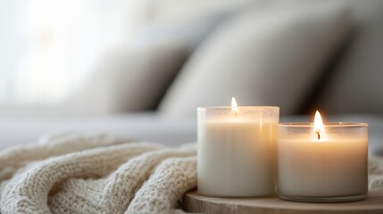 Fototapete - Warm candles glowing softly beside cozy blanket in a tranquil indoor setting for relaxation : Generative AI