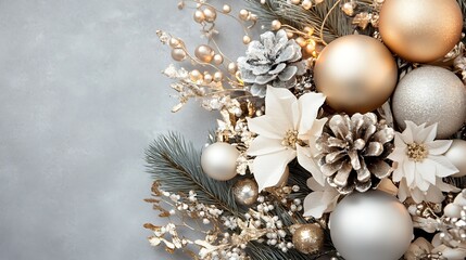 Aufkleber - Elegant festive arrangement of holiday ornaments and greenery with white flowers and pine cones on a soft background : Generative AI