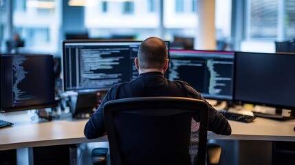 Leinwandbilder - Professional programmer working on multiple computer screens in modern office environment : Generative AI