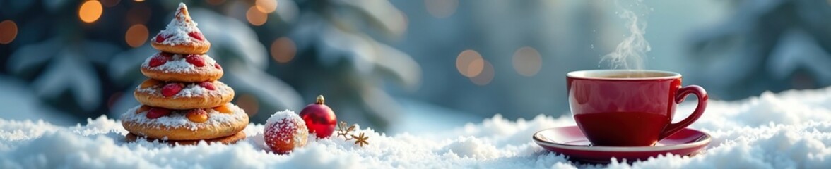 Wall Mural - snowy landscape with a christmas tree made of baked goods and a steaming cup of coffee nearby, coffe