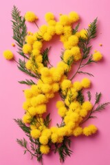 Poster - A bouquet of bright yellow flowers arranged on a soft pink surface