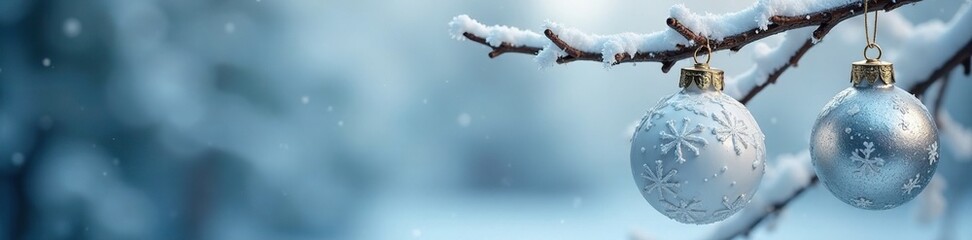 Wall Mural - white and silver ornaments hanging from a frozen branch adorned with snowflakes, icy backdrop, snowf