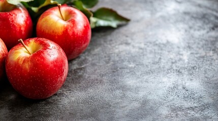 Poster - Fresh red apples with leaves arranged beautifully on a rustic wood table : Generative AI