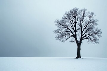 Sticker - Bare tree with branches stretching towards grey sky, evergreen, snow