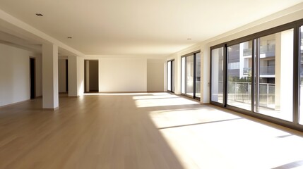  Spacious empty living room flooded with natural light through large windows showcasing minimalism : Generative AI