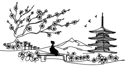 Wall Mural - japanese landscape with pagoda sakura and woman in line art style