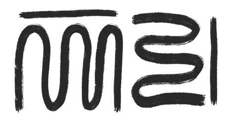 Abstract lines ornament. Freehand geometric grunge stroke elements set . Wavy black brush ink shapes. Tribal ethnic decor. Vector hand drawn illustration isolated on background.
