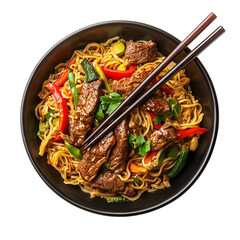 Wall Mural - Delicious Beef Noodles Stirfry with Chopsticks and Vegetables