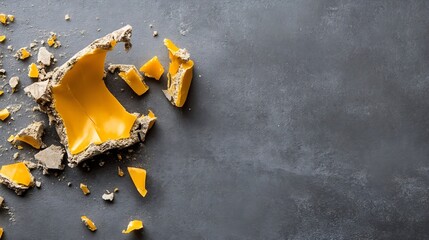 Poster - Close up view of broken yellow glass shards visible on a dark background showcasing a unique artistic texture : Generative AI