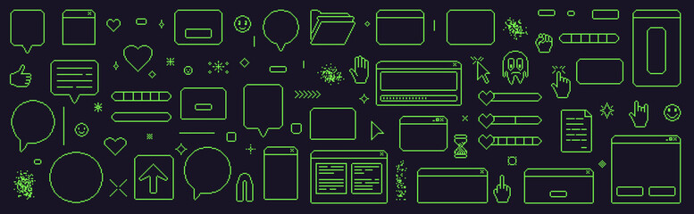 Wall Mural - pixel art retro windows interface. 8 bit text boxes with pointers cursors, arrow and sparkles. green