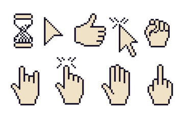 Wall Mural - pixel art retro cursors, hands. 8 bit pointers, arrows and hourglass. vintage nostalgic interface si