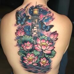 Wall Mural - a detailed illustration of a lighthouse surrounded by colorful flowers and butterflies, perfect for 