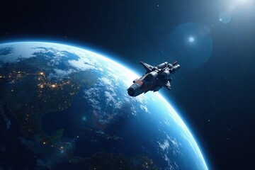 Wall Mural - Orbiting the Earth from space with a spaceship background, blue sky, space