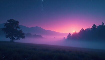 Wall Mural - Radiant starlight illuminates the misty landscape with a soft ethereal glow, serene, mist