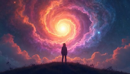 Wall Mural - silhouette of person against cosmic spiral nebula sky. vibrant purple, orange universe. spiritual ba