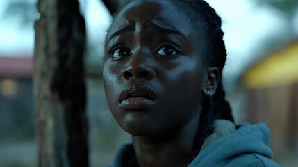 Aufkleber - Closeup of a young woman's concerned face expressing fear and worry in a dark atmosphere : Generative AI