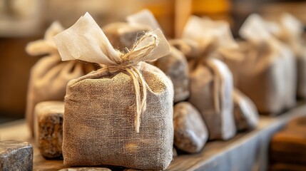 Poster - Handcrafted burlap bags tied with twine creating rustic aesthetic in a warm and inviting market display : Generative AI