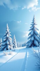 Wall Mural - Snowy landscape with frosty trees on a blue white grainy gradient background, peaceful, nature