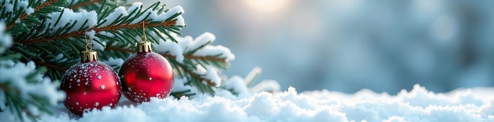 Wall Mural - Winter landscape with frosted pine branches and red ornaments against snowy backdrop, snow, christmas, ornament