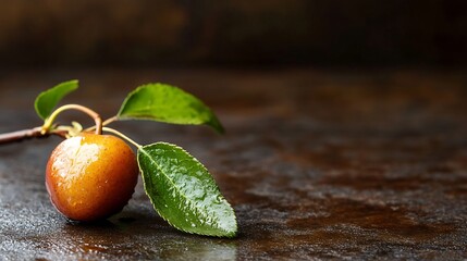 Poster - Fresh Juicy Apple with Water Drops on a Dark Background Surrounded by Green Leaves : Generative AI