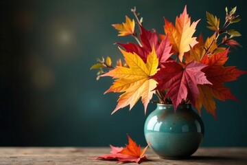 Wall Mural - Fall leaves and branches in a vase with seasonal flowers, flowers, autumn