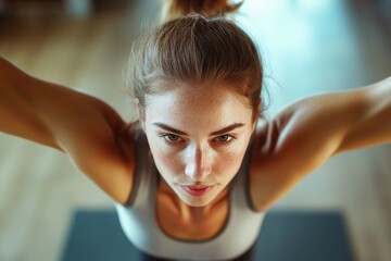 Wall Mural - A person practicing yoga on a mat with a calm expression