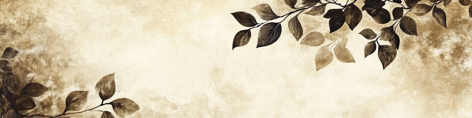 abstract dark tree branches with brown leaves on grunge watercolor paper texture background