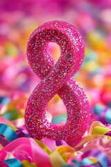 Wall Mural - A pink number eight surrounded by colorful confetti