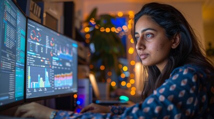 Leinwandbilder - Focused individual engaging in data analysis while surrounded by glowing screens and cozy lighting in a home office during the evening hours.